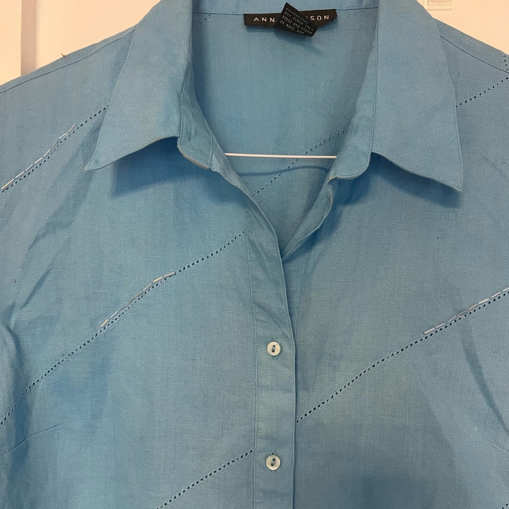 Anne Carson 100% Linen Aqua Blue Button Down 3/4 Sleeve Embellished size M - Picture 9 of 13